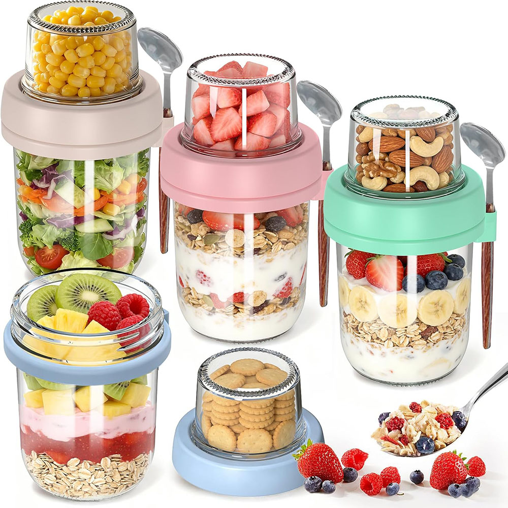 Meal Prep Oatmeal Jars - أوعية زجاجية مزدوجة الطبقات لحفظ الشوفان